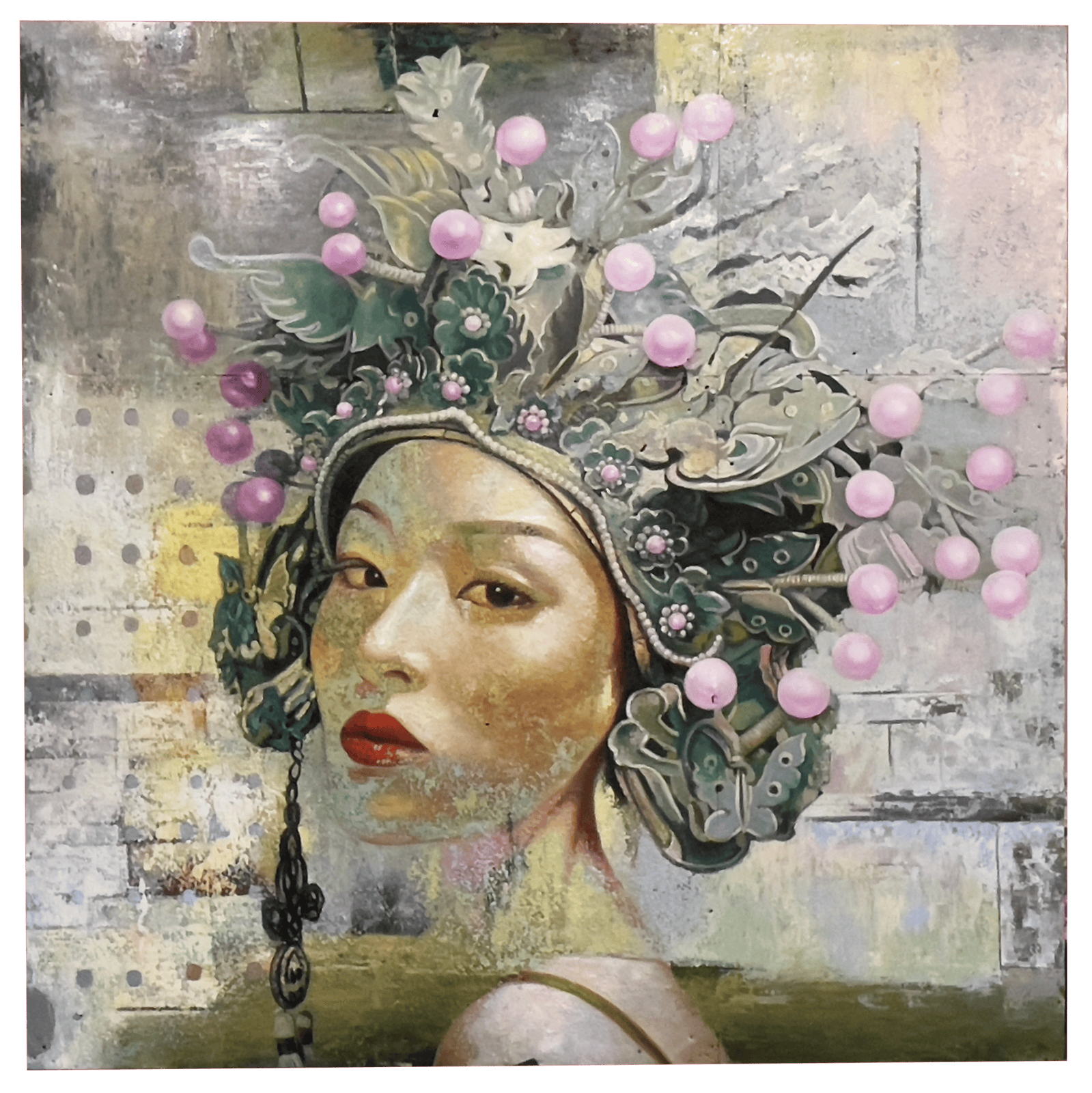 Asian Opera Hat Portrait Oil painting 140x140x4 cm on recycling steel sheet from Vietnamese buildings constructions sites.